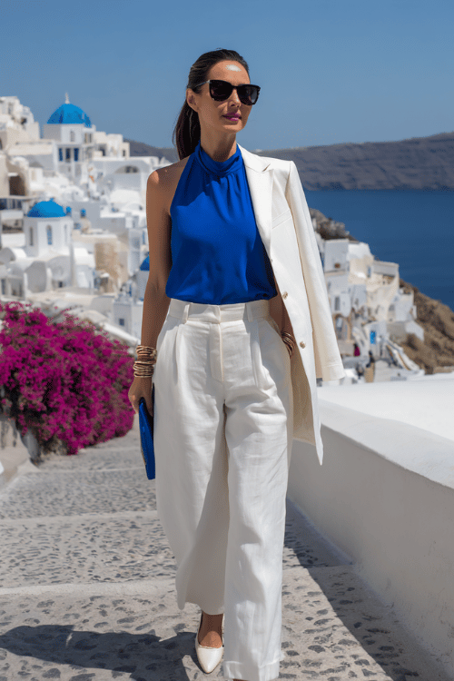 Elegant summer vacation outfit featuring a royal blue sleeveless mock-neck blouse paired with flowy white wide-leg trousers and a matching white blazer draped over the shoulders