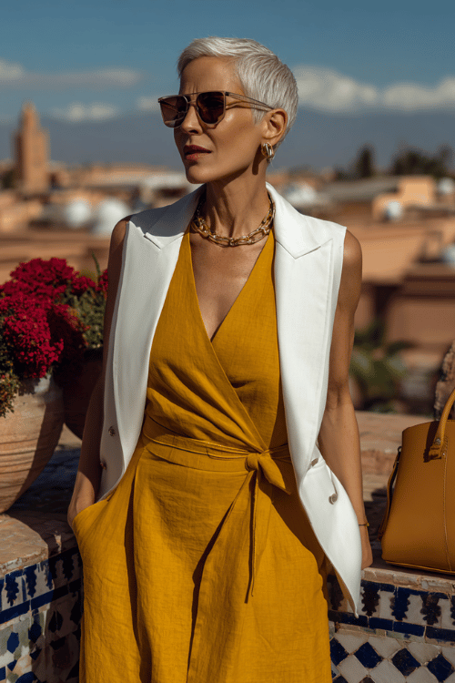 Fashionable summer outfit for women over 50 featuring a mustard yellow sleeveless wrap jumpsuit with a tied waist, layered gold chain necklaces, oversized geometric sunglasses