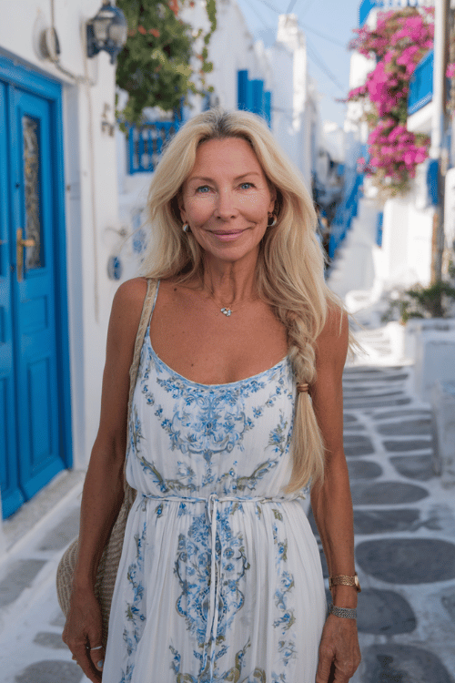 Light and airy Mediterranean vacation outfit for women over 50 featuring a sleeveless white maxi dress with delicate blue floral prints and a drawstring waist