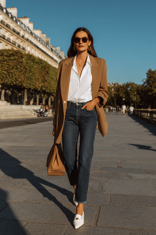Paris-inspired casual chic outfit with a camel blazer, crisp white button-down shirt, straight-leg blue jeans, white loafers, and a tan handbag for a polished city look 