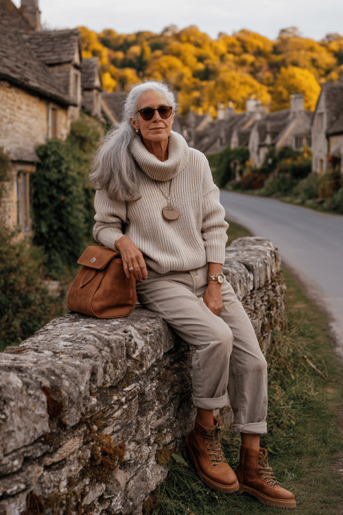 Relaxed countryside travel outfit with an oversized beige cowl neck sweater paired with cuffed neutral trousers and rugged lace-up boots for a cozy fall-ready look 