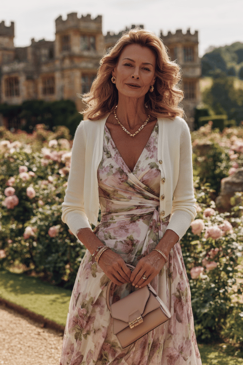 Soft feminine outfit for women over 50 featuring a pastel floral wrap midi dress layered with a cream button cardigan 
