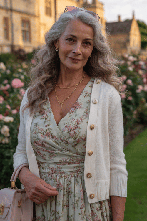 Soft feminine outfit for women over 50 featuring a pastel floral wrap midi dress layered with a cream button cardigan
