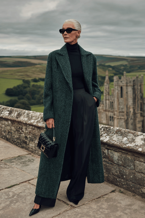 Sophisticated cold-weather outfit for women over 50 featuring a deep emerald textured long coat layered over a black turtleneck with relaxed black wide-leg trousers 