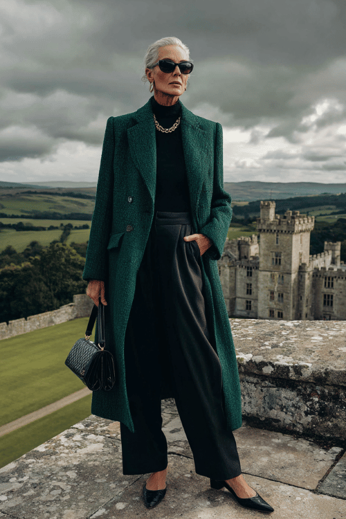 Sophisticated cold-weather outfit for women over 50 featuring a deep emerald textured long coat layered over a black turtleneck with relaxed black wide-leg trousers