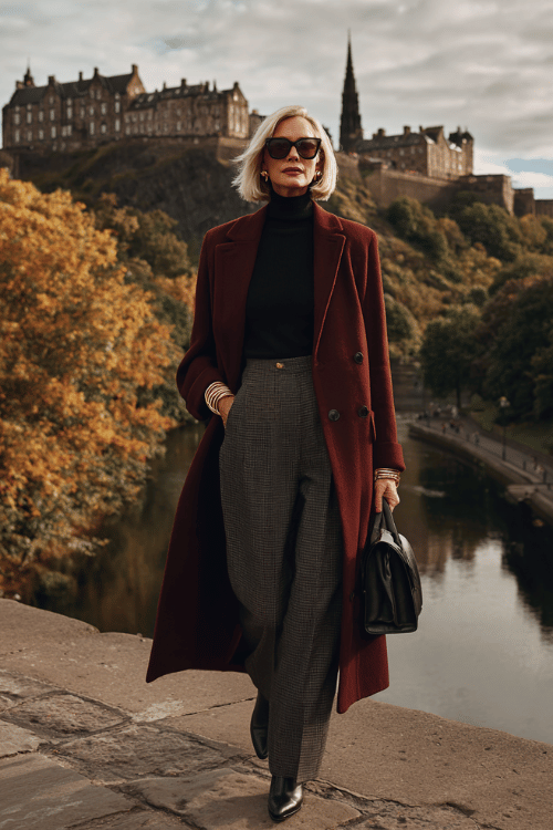 Sophisticated fall travel outfit for women over 50 with a long burgundy coat, black turtleneck, tailored plaid trousers, black ankle boots, and oversized sunglasses for a polished European city look