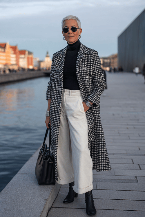 Sophisticated over-50 travel outfit with a black turtleneck sweater, cream wide-leg trousers, long black-and-white tweed coat, black ankle boots, oversized sunglasses 