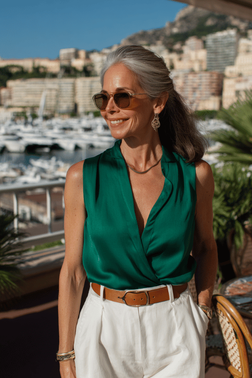 Sophisticated resort outfit for women over 50 featuring an emerald green sleeveless satin blouse with a draped neckline, crisp white high-waisted trousers, a tan leather belt