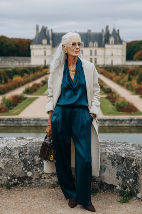 Sophisticated travel outfit with a deep teal satin blouse and matching wide-leg trousers layered under a long cream coat for an elegant cold-weather look