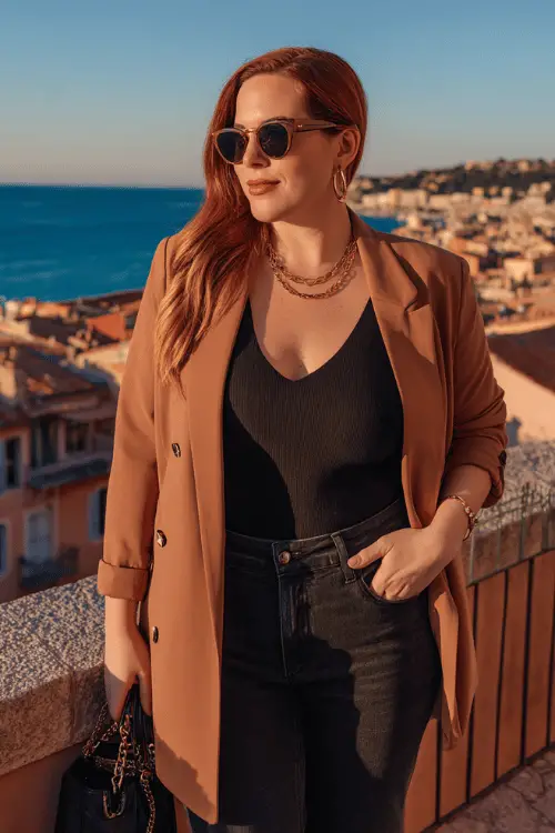 Stylish woman wearing a camel blazer, black bodysuit, and dark jeans with gold accessories and sunglasses, standing on a coastal terrace overlooking the sea at sunset