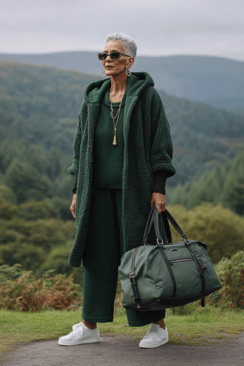 The textured oversized coat, matching knit set, white sneakers, and sleek travel bag create a stylish look that stays comfortable while still feeling polished
