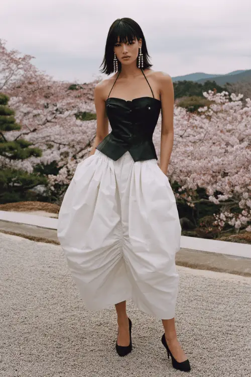 Woman in a black halter corset top and voluminous white trousers standing in a cherry blossom garden