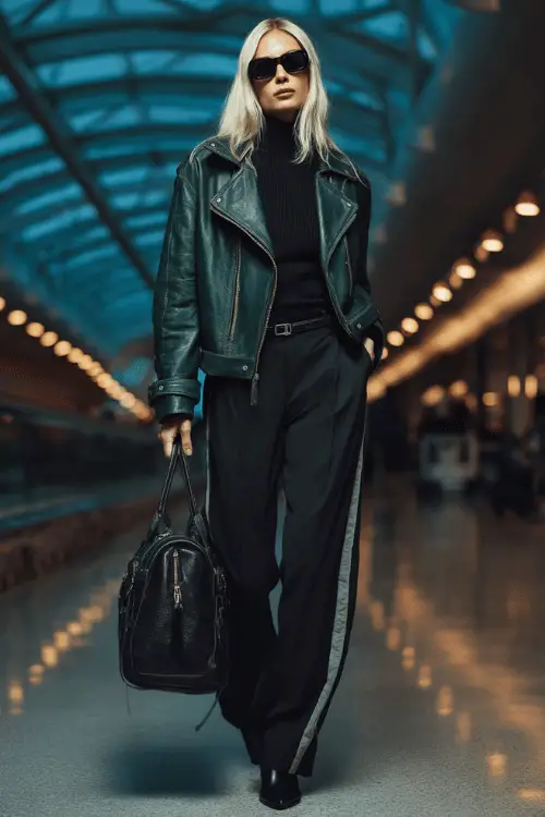 Woman in a black turtleneck and trousers with a leather moto jacket, sunglasses, and tote bag walking through an airport terminal