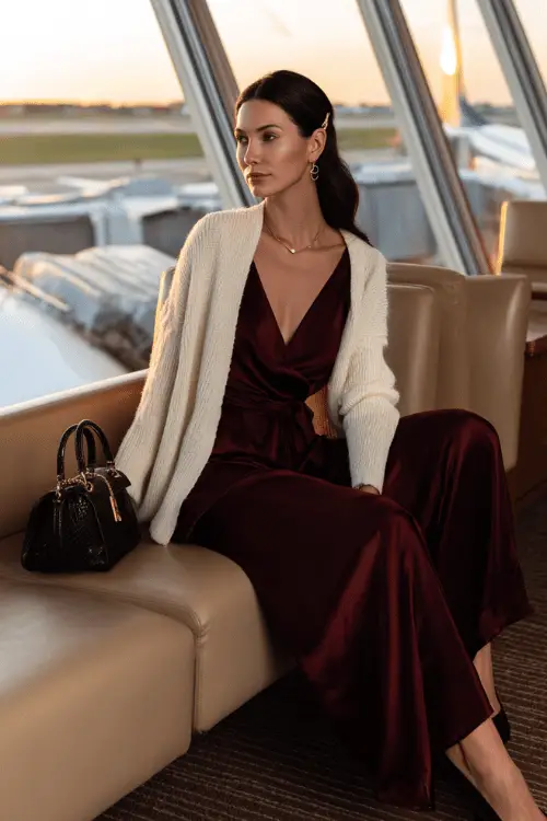 Woman in a burgundy satin wrap dress with a cozy cream cardigan sitting in an airport lounge at sunset