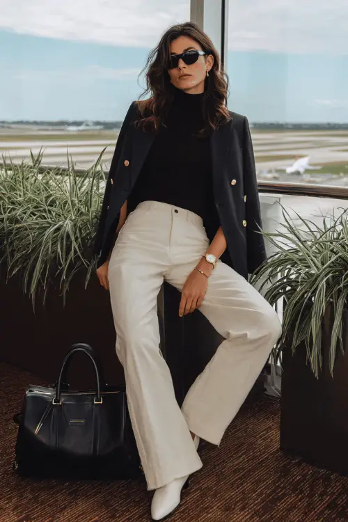 Woman in a chic airport outfit with a black fitted top, white wide-leg pants, blazer, sunglasses, and black travel bag
