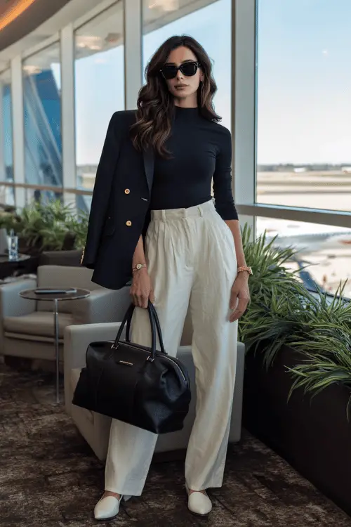 Woman in a chic airport outfit with a black fitted top, white wide-leg pants, blazer, sunglasses, and black travel bag