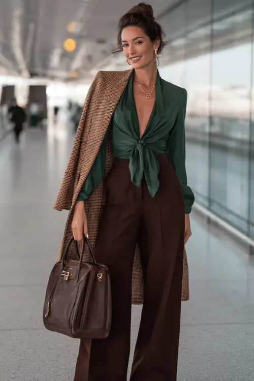 Woman in a chic airport outfit with a green tie-front blouse, wide-leg trousers, plaid coat, and leather handbag