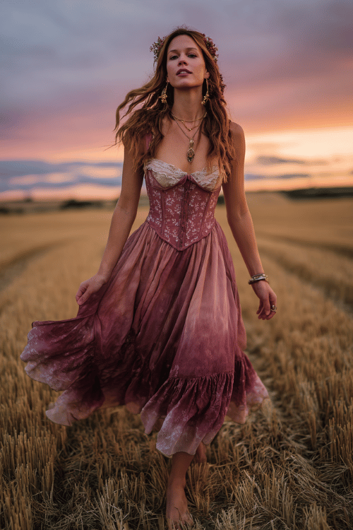 Woman in a flowing pink boho dress walking barefoot through a golden field at sunset 