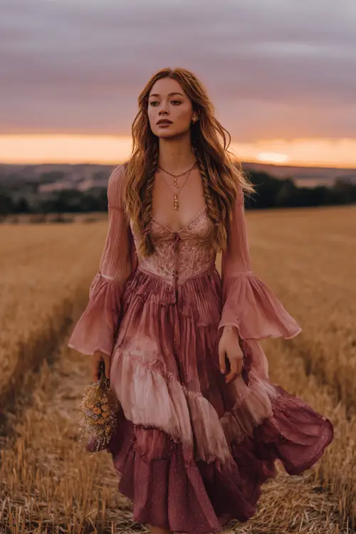 Woman in a flowing pink boho dress walking barefoot through a golden field at sunset