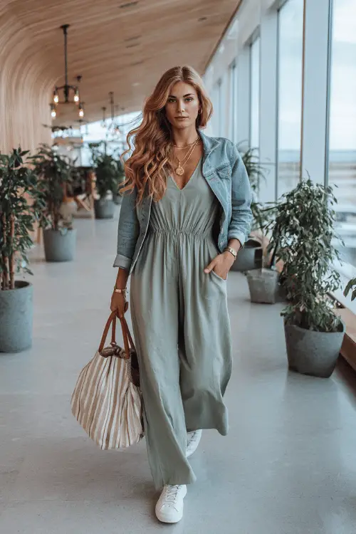 Woman in a flowy olive green maxi dress with a denim jacket, white sneakers, and tote bag walking through a modern airport lounge