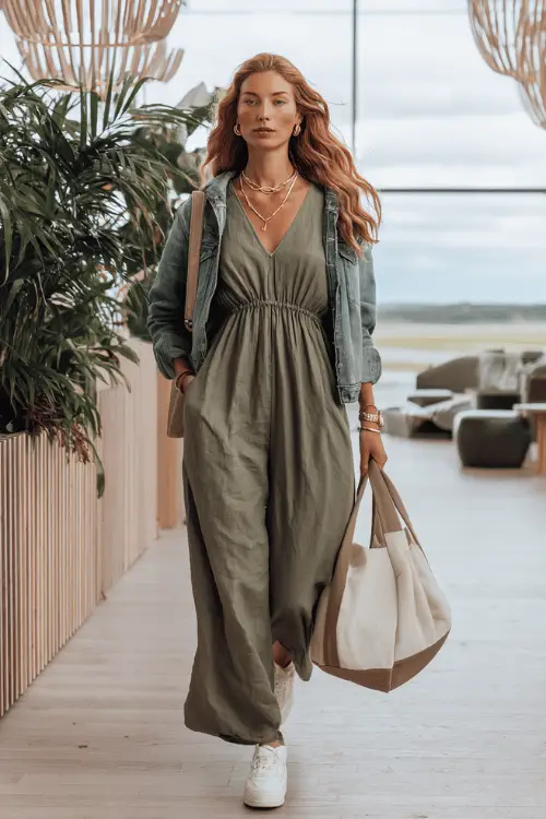Woman in a flowy olive green maxi dress with a denim jacket, white sneakers, and tote bag walking through a modern airport lounge