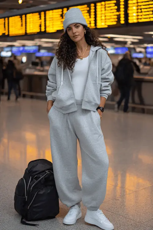 Woman in a gray matching sweatsuit with a beanie, white sneakers, and backpack posing at an airport terminal