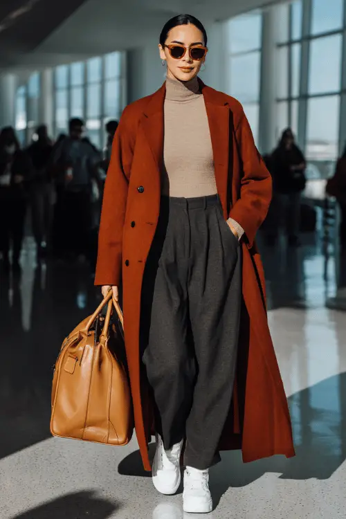 Woman in a rust-colored long coat with a turtleneck sweater, wide-leg trousers, white sneakers, and travel bag at the airport
