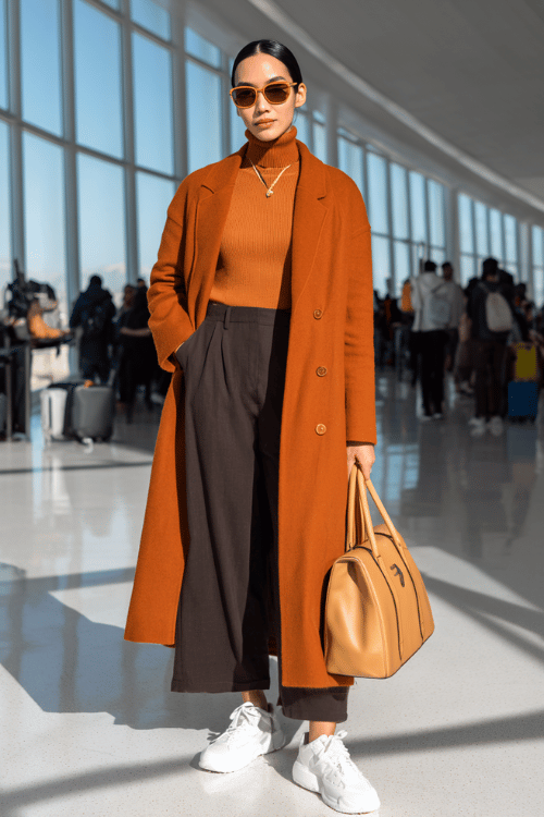Woman in a rust-colored long coat with a turtleneck sweater, wide-leg trousers, white sneakers, and travel bag at the airport