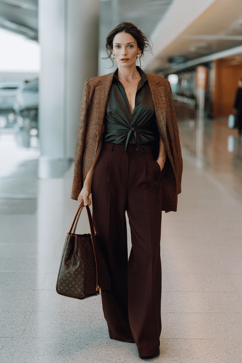 Woman in a sophisticated airport outfit with a satin blouse, wide-leg trousers, plaid blazer, and designer tote bag