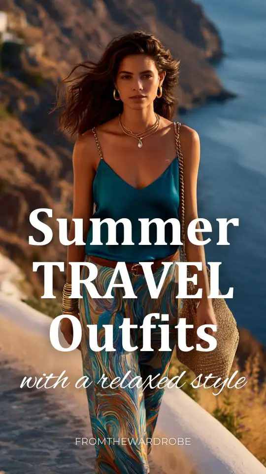 Woman in a summer travel outfit with a teal camisole and printed wide-leg pants walking along a coastal cliffside in Santorini