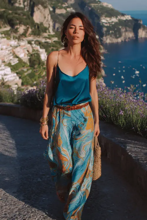 Woman in a teal camisole and printed wide-leg pants walking along a coastal cliffside in Santorini