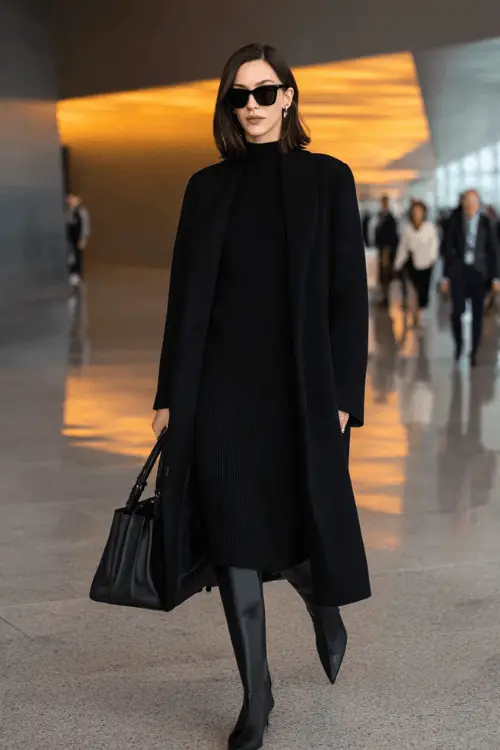 Woman in an all-black chic outfit with a long coat, ribbed knit dress, knee-high boots, sunglasses, and tote bag walking through a modern airport terminal