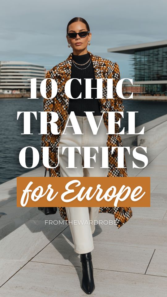 Woman wearing a Europe travel outfit with a patterned long coat, black turtleneck, cream wide-leg pants, and black ankle boots walking by a modern waterfront