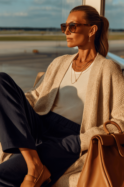 Woman wearing a beige knit cardigan, white tank top, and navy lounge pants relaxing at an airport terminal with sunglasses and a tote bag