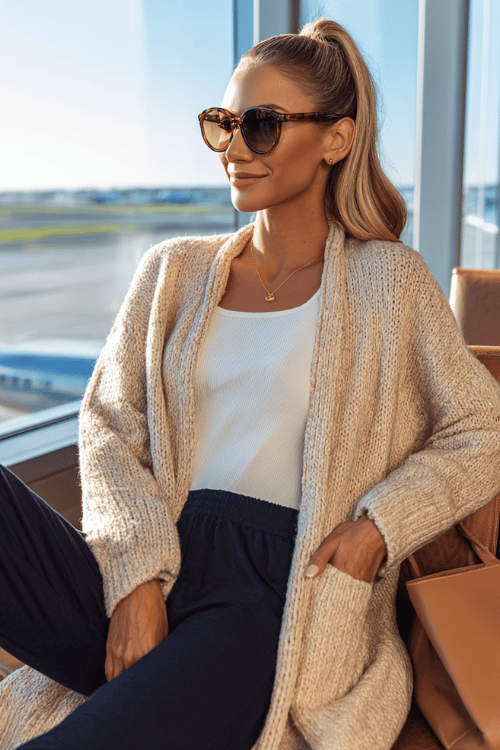 Woman wearing a beige knit cardigan, white tank top, and navy lounge pants relaxing at an airport terminal with sunglasses and a tote bag