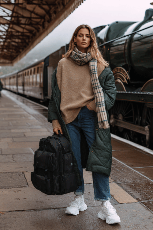 Woman wearing a beige sweater, cuffed jeans, white sneakers, and a green coat at a train station with a plaid scarf and backpack 