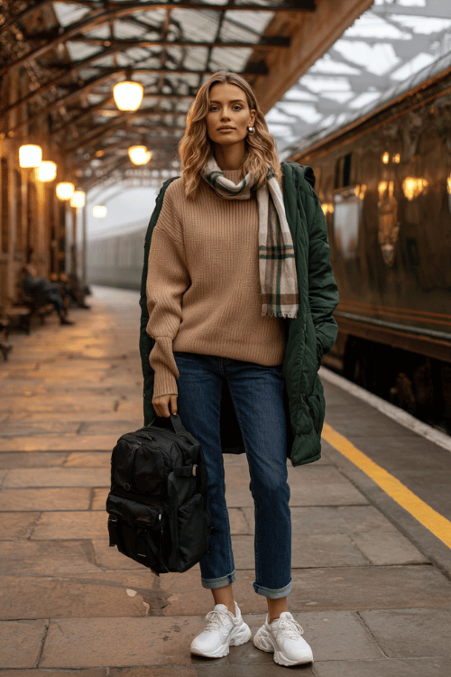 Woman wearing a beige sweater, cuffed jeans, white sneakers, and a green coat at a train station with a plaid scarf and backpack