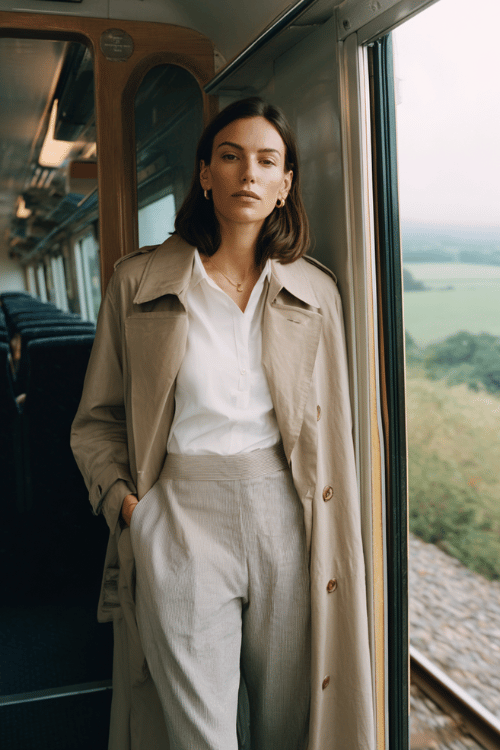 Woman wearing a beige trench coat, white blouse, and tailored light gray trousers standing inside a train doorway with countryside views
