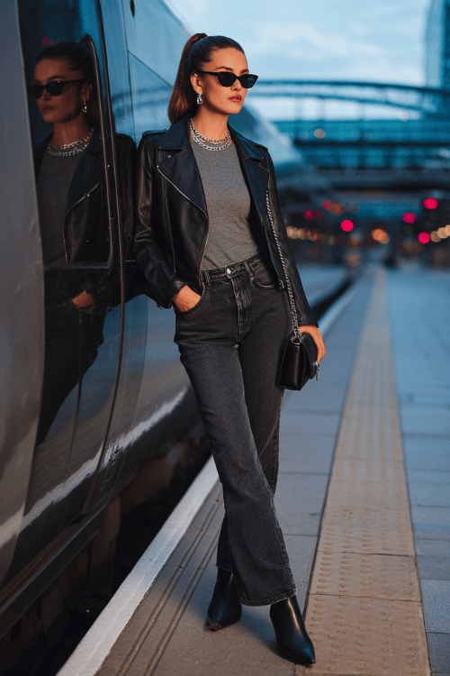Woman wearing a black leather jacket, gray tank top, and black jeans leaning against a train at a station 