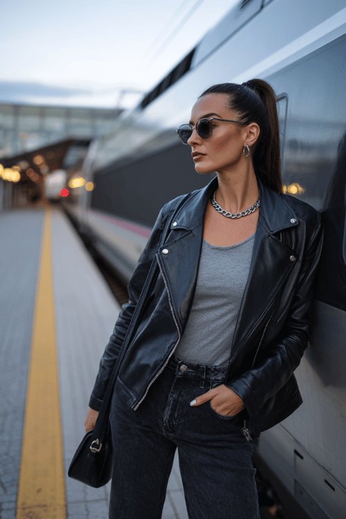 Woman wearing a black leather jacket, gray tank top, and black jeans leaning against a train at a station