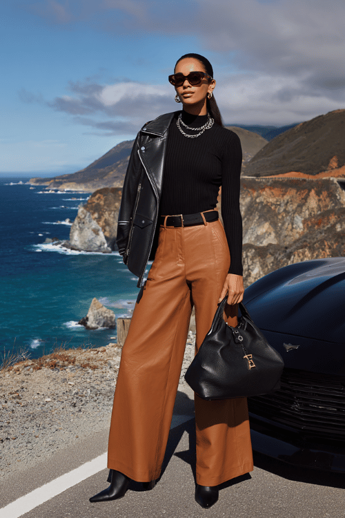 Woman wearing a black ribbed top, camel wide-leg leather pants, and a leather jacket standing on a coastal highway overlook beside a luxury car