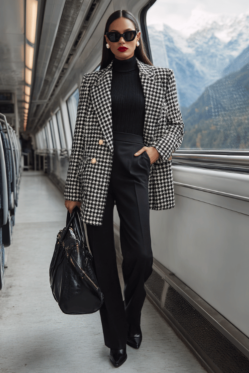 Woman wearing a black turtleneck, black wide-leg pants, and a black-and-white houndstooth blazer on a luxury train with mountain views