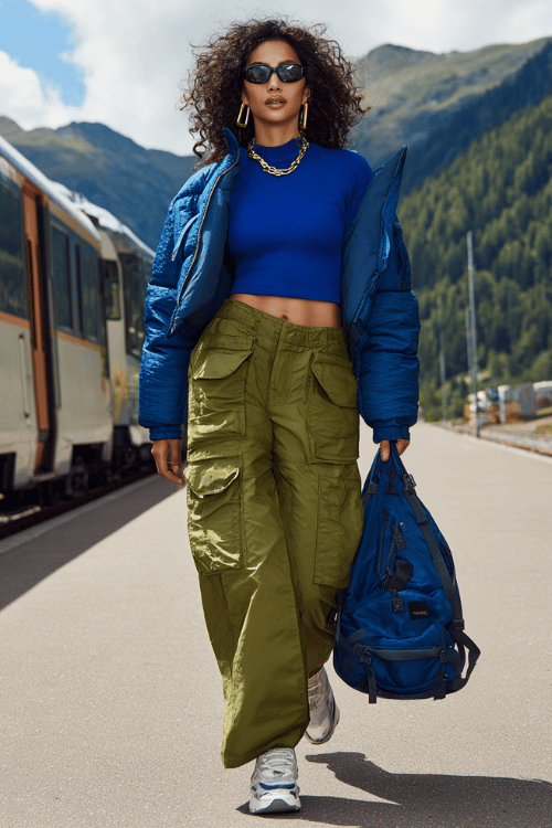 Woman wearing a blue crop top, olive cargo pants, and a blue puffer jacket walking on a mountain train platform with a matching backpack 