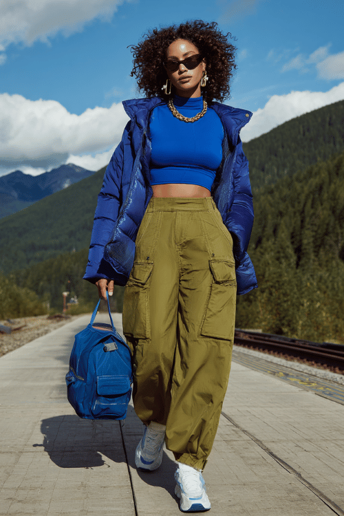 Woman wearing a blue crop top, olive cargo pants, and a blue puffer jacket walking on a mountain train platform with a matching backpack