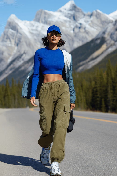 Woman wearing a blue cropped athletic top, olive cargo pants, and a baseball cap walking on a mountain road with snow-capped peaks in the background
