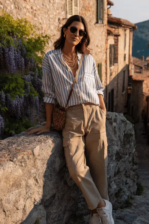 Woman wearing a blue striped button-down shirt, beige cargo pants, white sneakers, and sunglasses while exploring a charming European village street 
