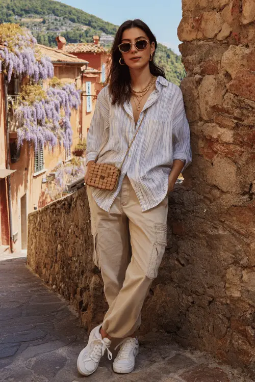 Woman wearing a blue striped button-down shirt, beige cargo pants, white sneakers, and sunglasses while exploring a charming European village street