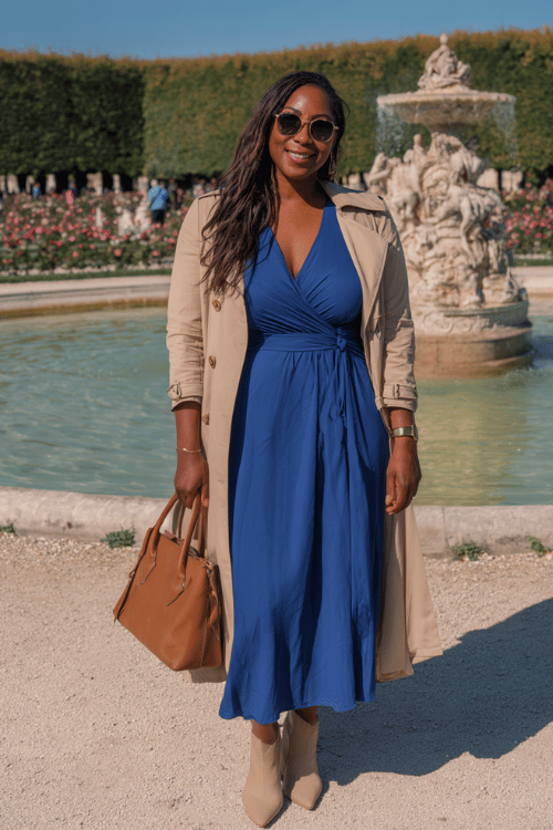Woman wearing a blue wrap midi dress with a beige trench coat, ankle boots, and sunglasses, standing by a fountain in a formal garden on a sunny day