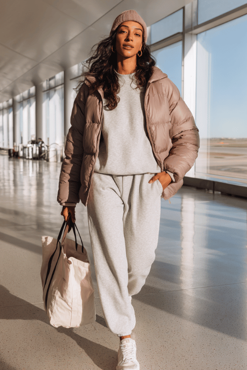 Woman wearing a blush pink puffer jacket, gray sweatsuit, and knit beanie walking through an airport terminal with a tote bag