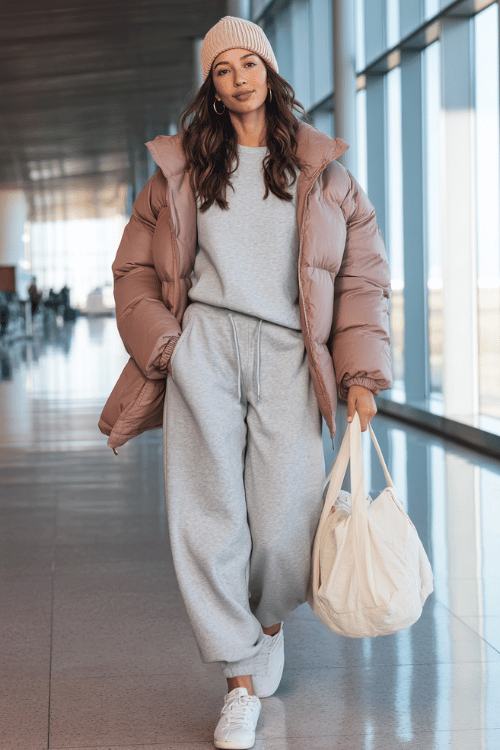 Woman wearing a blush pink puffer jacket, gray sweatsuit, and knit beanie walking through an airport terminal with a tote bag